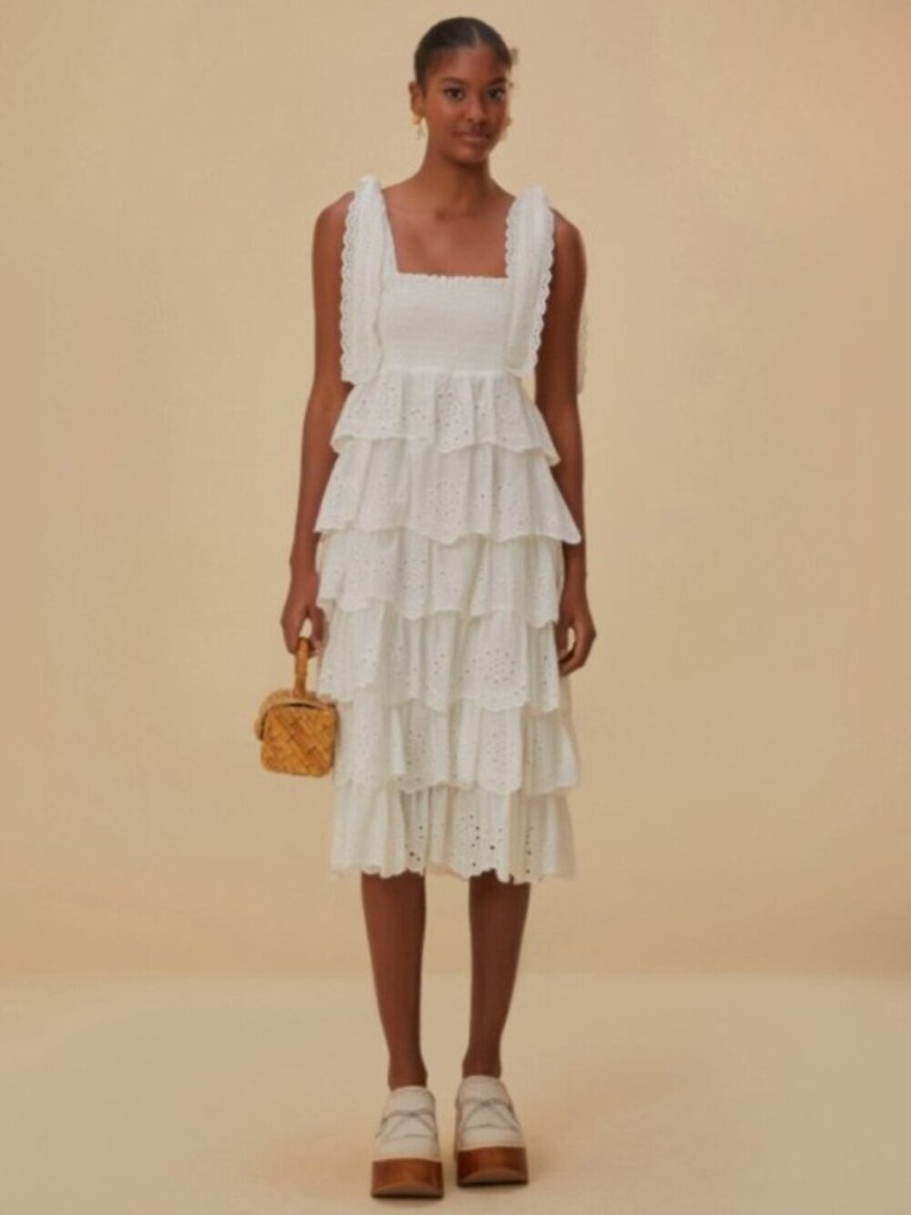 FARM Rio  White Eyelet Smocked Tie Shoulder Midi Dress S
